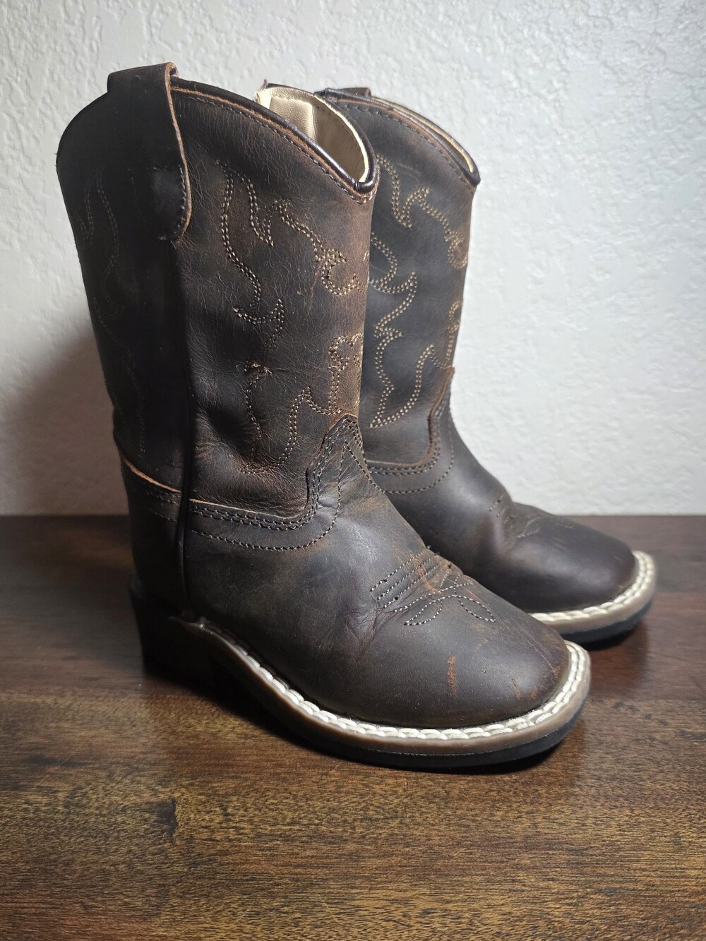 Old West Brown Leather Cowboy Boots Square Toe Youth Boys 6D